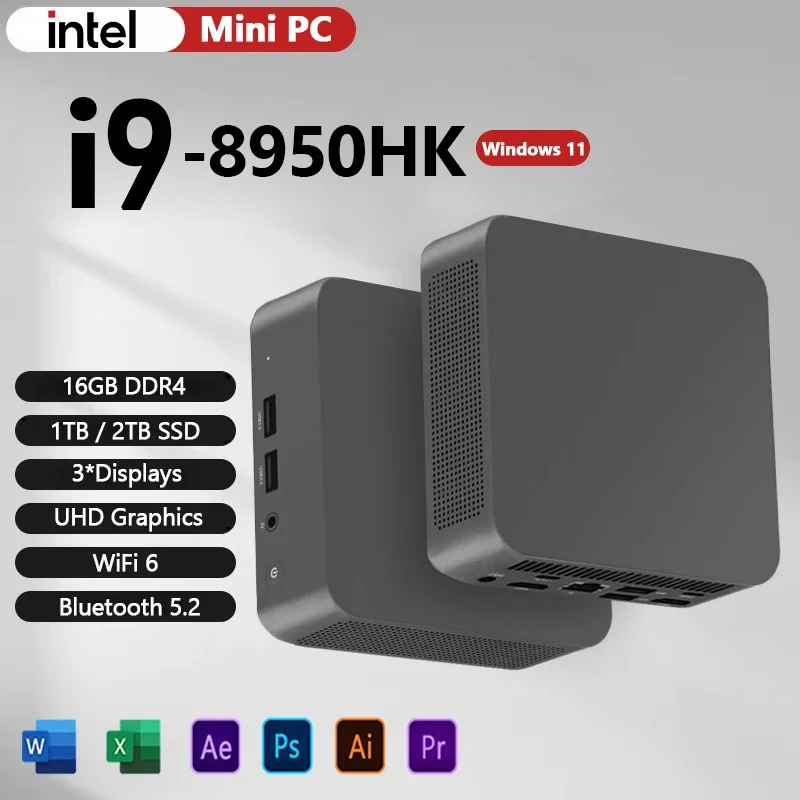 Mini PC de jeu de bureau Windows 11 Pro Intel Core i9 8950HK Mini PC 16 Go DDR4 1 To SSD PC Gamer Ordinateur Double WIFI 6 BT5.2 4K HD