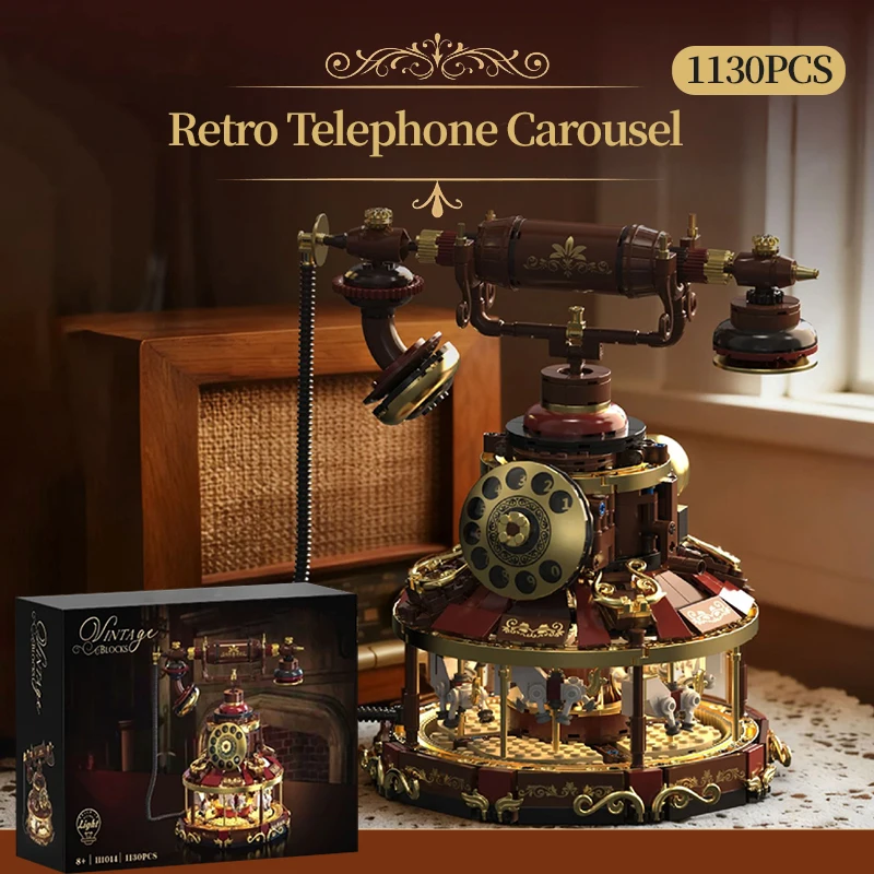 Technical MOC Retro Rotary Dial Telephone Rotating Carousel Building Blocks Vintage Classic Decoration Bricks Toys For Kids Gift