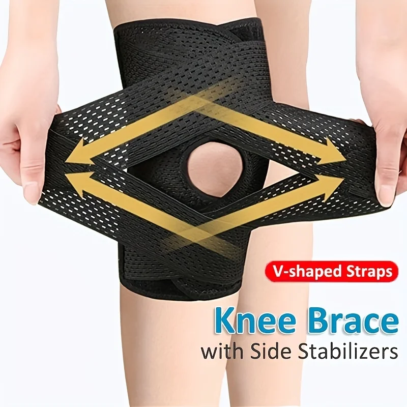 Ginocchiera a compressione regolabile da 1 pezzo con cinghia incrociata a forma di V 4 stabilizzatori laterali a molla Supporto per ginocchio traspirante per la stabilità