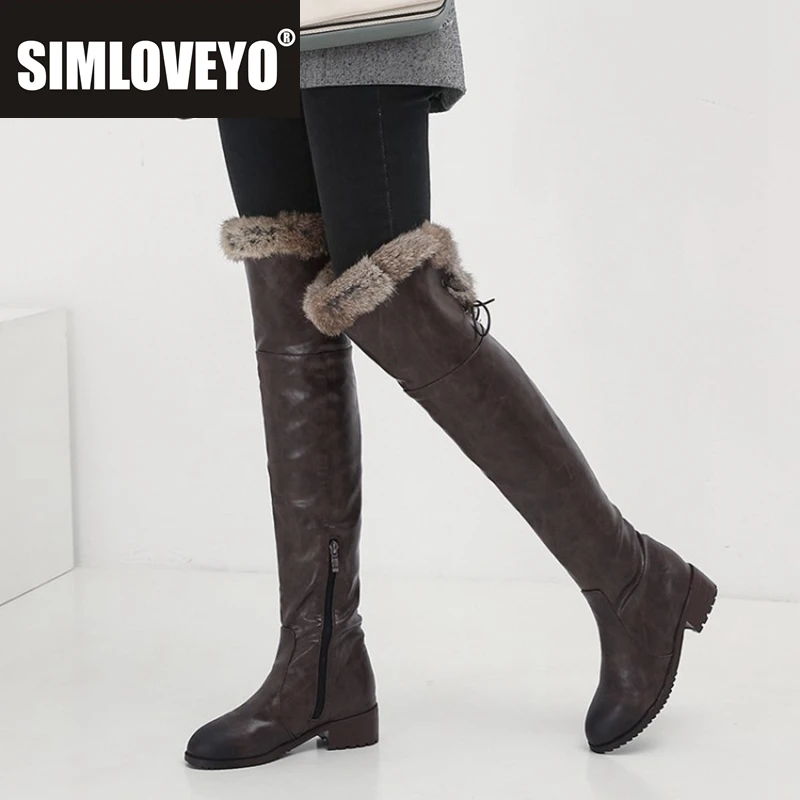 SIMLOVEYO Schneestiefel Pelz Damen Lederstiefel Med Block Heels Overknee Stiefel Damenschuhe Bota Feminina Größe 44 46