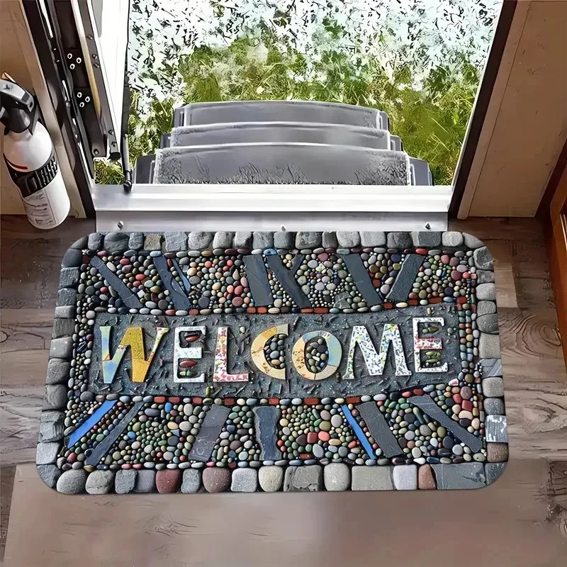 VIKAMA Happy Camper Fußmatte, Outdoor-Themen-Willkommensmatte für Wohnwagen, Veranda & Eingangsbereich, Bedruckte Camping-Dekor-Matte Image