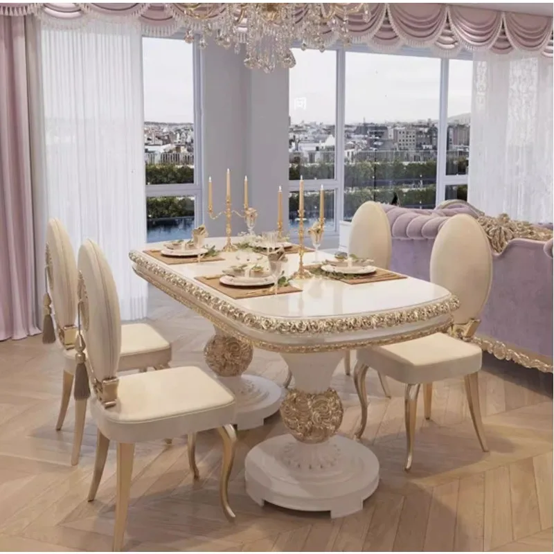 Französische Esstisch- und Stuhlkombination im leichten Luxus-Stil, Massivholz mit Blumenschnitzerei, oval, High-End-Villa, europäischer Luxus