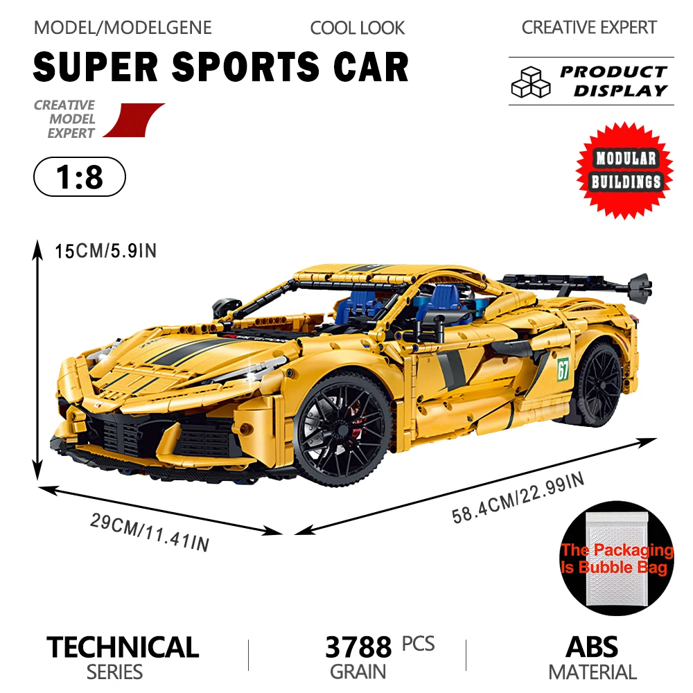 Corv Vette C8 Z06 Baustein-Automodell im Maßstab 1:8, Supersportwagen-Bausatz, Sammlerstück, Rennfahrzeug-Bausatz, Spielzeug-Geschenk für Kinder Image