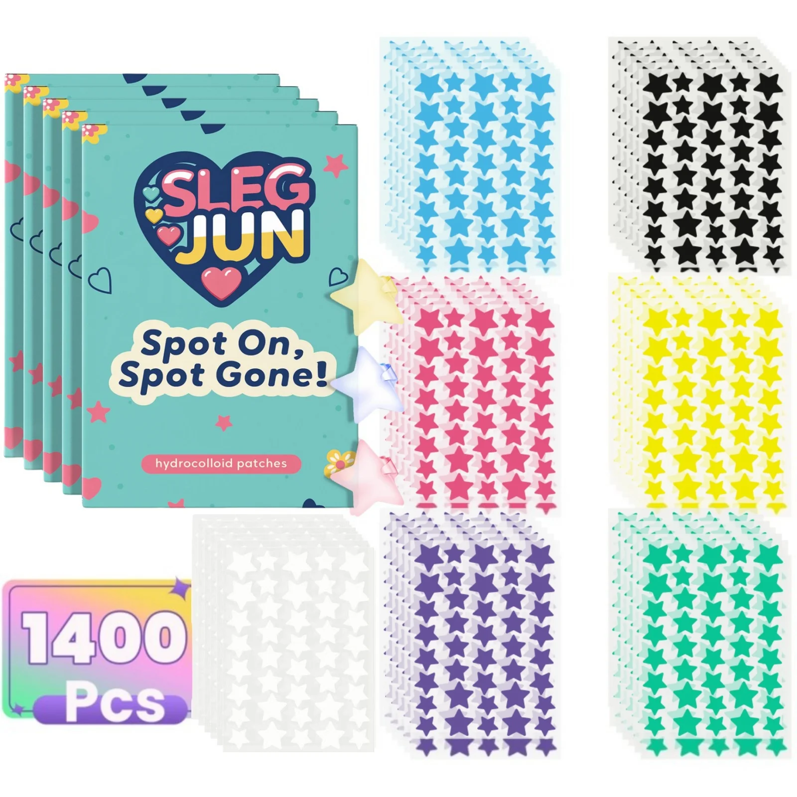 1400 Stück Siebenfarbiger Stern-Akne-Aufkleber, milder und nicht reizender Akne-Aufkleber, der Akne-Fehler bedeckt, wasserdicht und atmungsaktiv Image