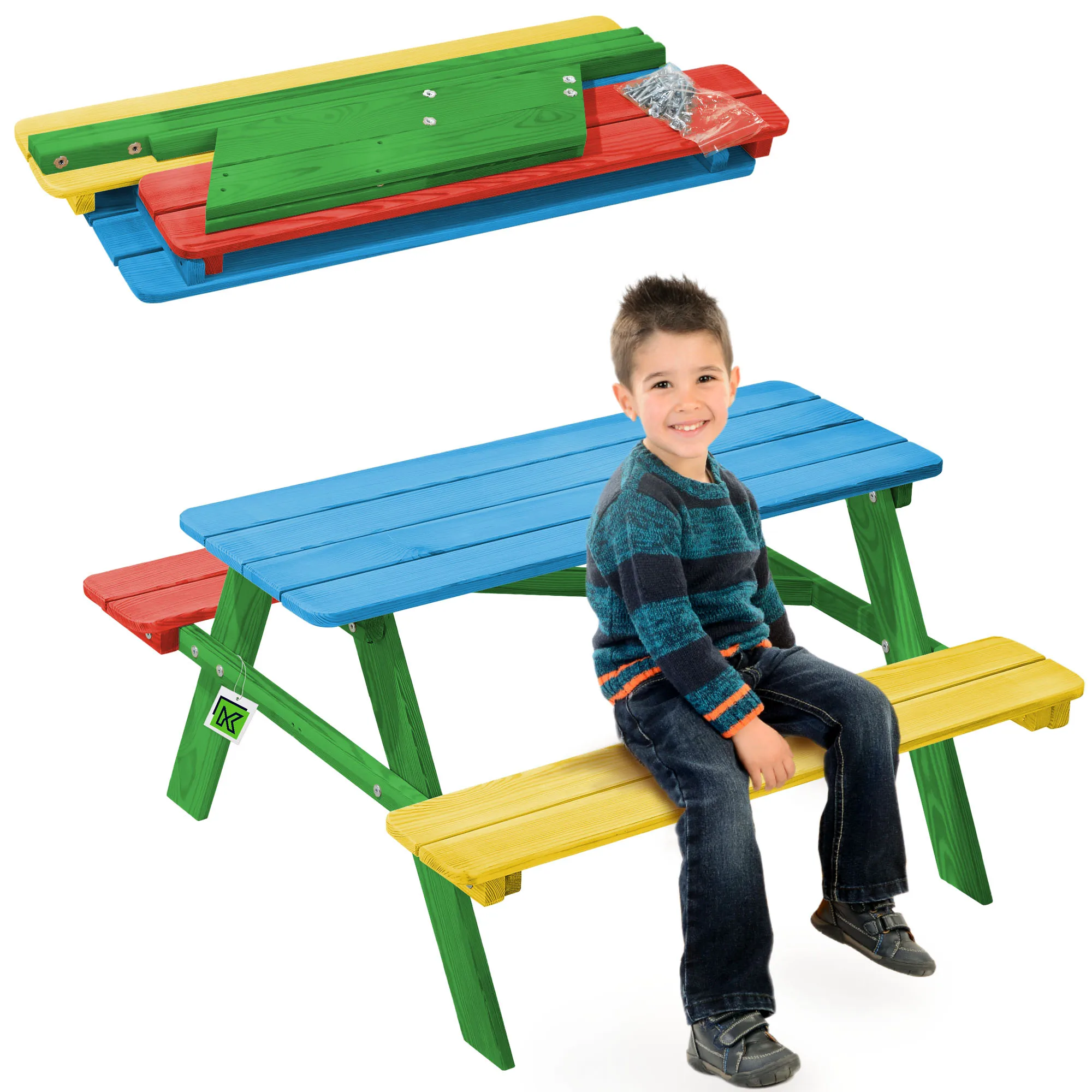 KADAX Gartenbank Holzbank für Kinder mit Tisch Gartentisch