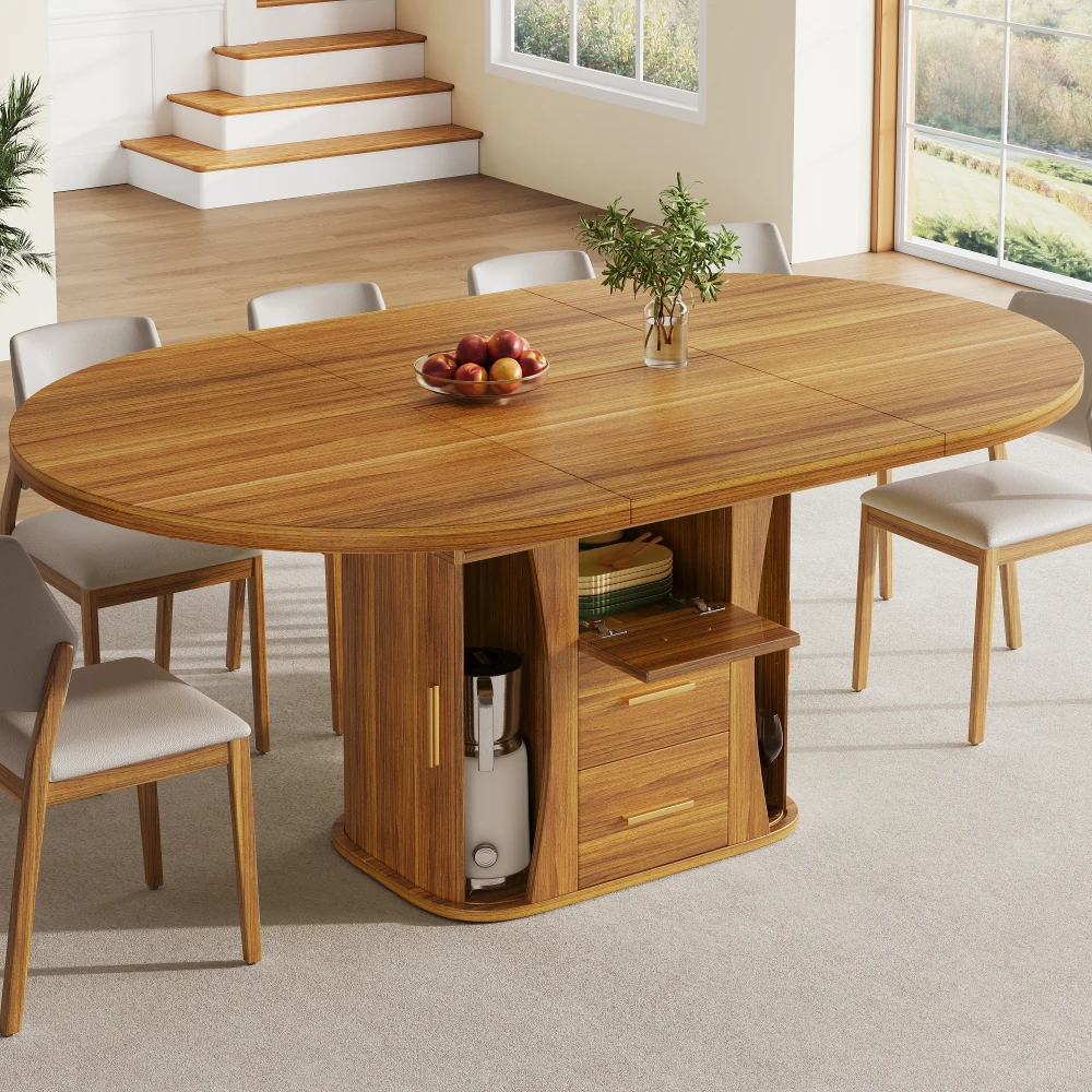Moderner Ausziehbarer Esstisch Rund Umwandelbar in Oval Holz 118-158cm 6-Sitzer Küchentisch mit 3-stufigem Stauraum