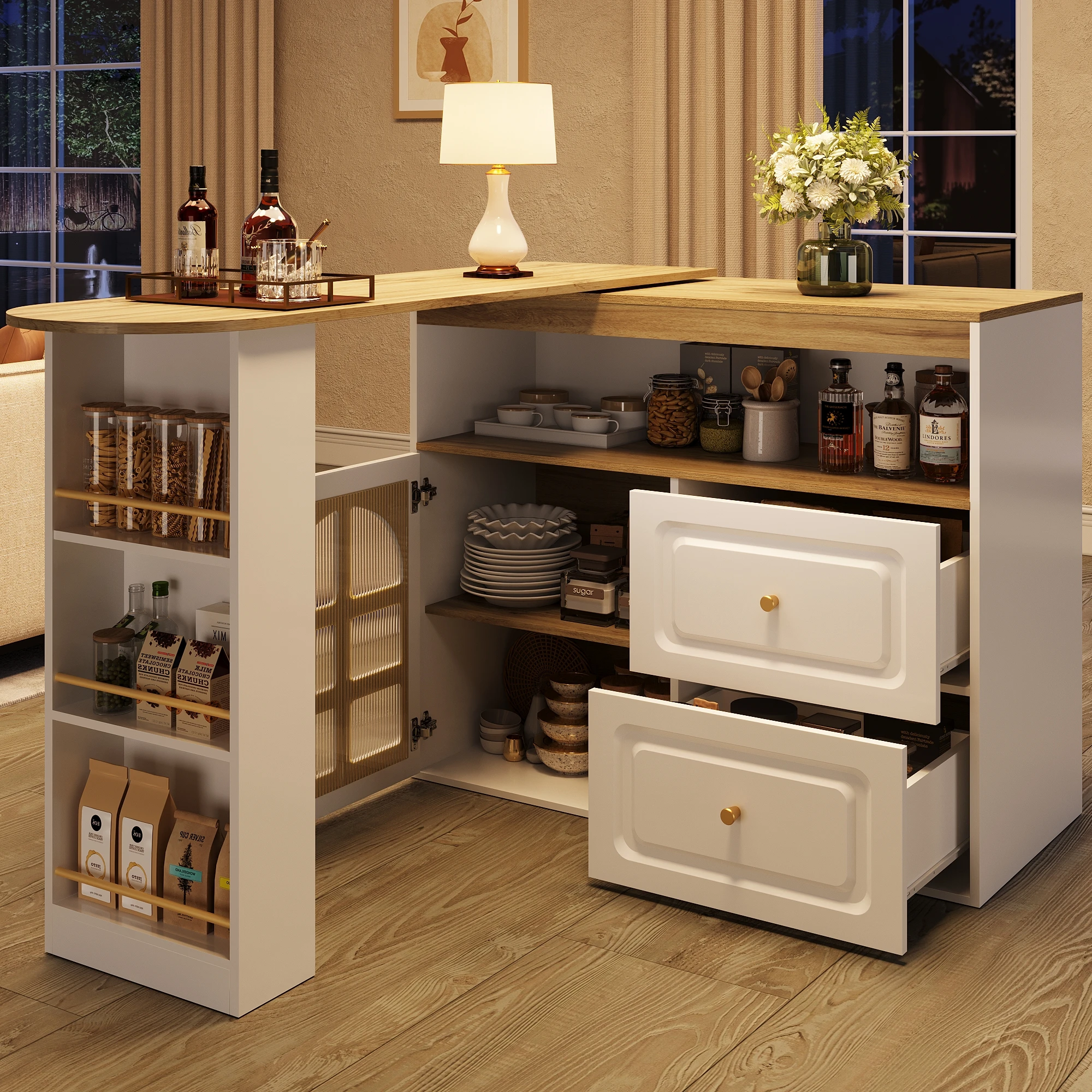 Bar Tisch mit 360° Drehung, Buffet Schrank mit 2 Schubladen und Regalen, modernes Design Image