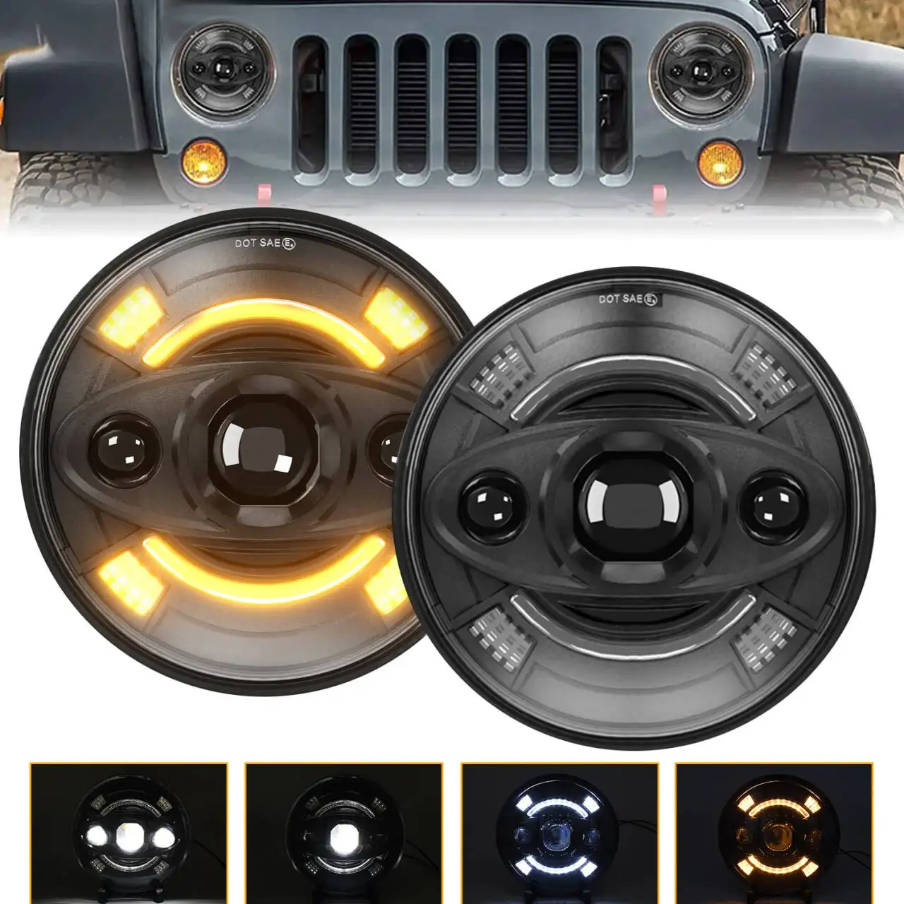 7 Zoll LED runder Wrangler-Scheinwerfer für Jeep JK Harley Round H4 H13 Scheinwerfer 240 W 25000LM Superheller Scheinwerfer 6000 K 9-32 V