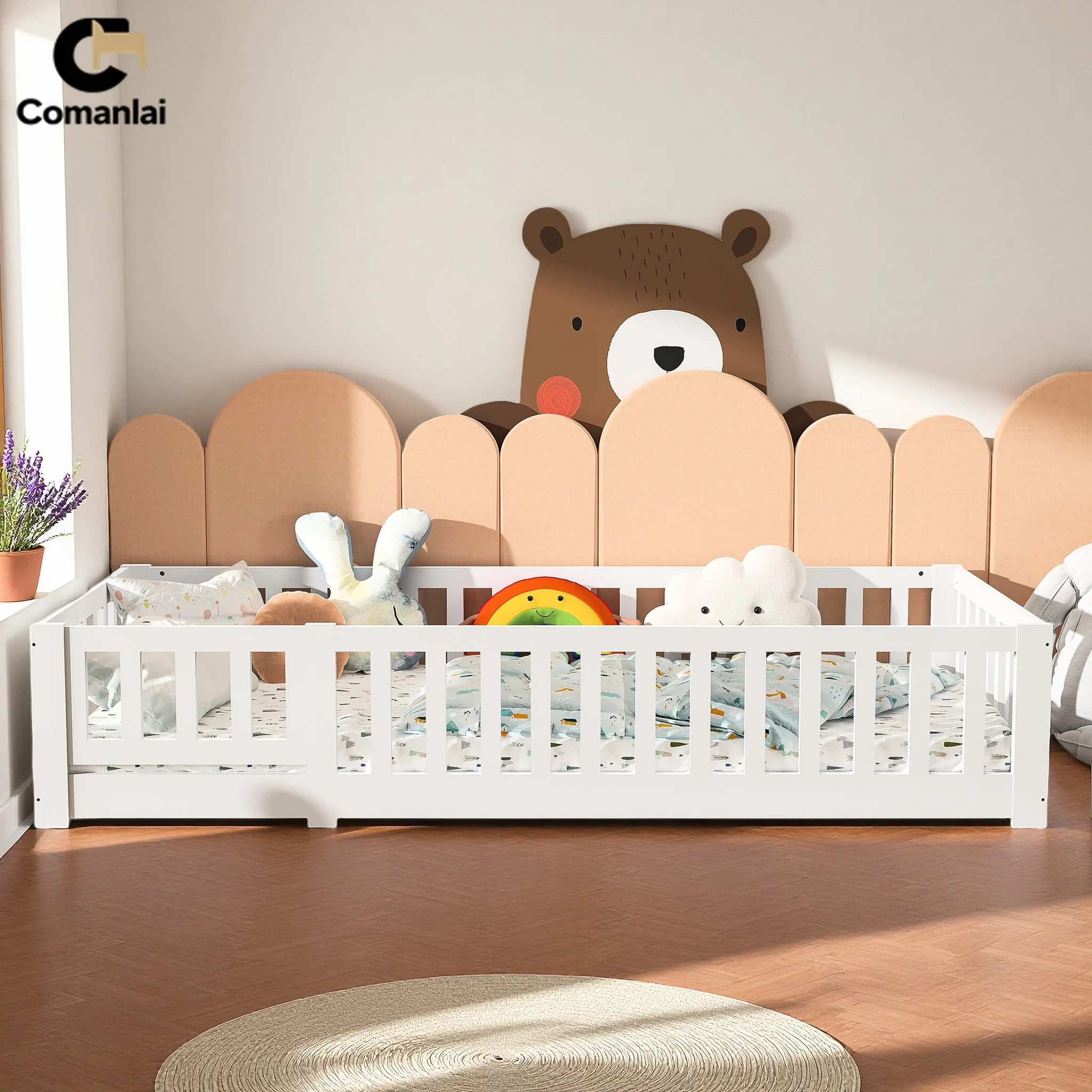 Comanalai Holz-Kinderbett 90x200cm/90x190cm/120x200cm/80x160cm mit Fallschutzgitter, Einzelbettgestell, Bodenbettgestell Image