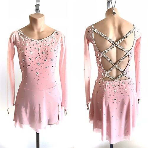 Eiskunstlaufkleid Mädchen Eislaufen Kleid Weiß Rosa Rot Patchwork Offener Rücken Dehnbar Training Wettbewerb Eiskunstlaufkleidung Klassisch Kristall / Strass Langarm Eislaufen Eiskundstlauf Image