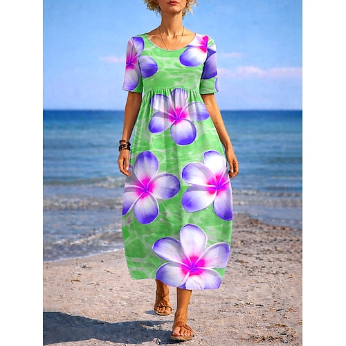 Damen Midikleid A Linie Kleid Sommerkleid Urlaub Lässig Täglich Ferien Normale Passform Blumen Grafik Halbarm Rundhalsausschnitt Blau Purpur Grün Sommer Frühling Image