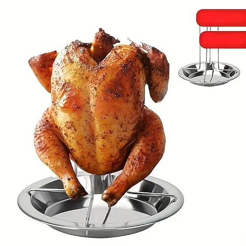 1/2 Stück Hähnchenbratrost aus Edelstahl mit Fettauffangschale – antihaftbeschichtet, faltbar, geeignet für Grills und Backöfen, robuster Metallgrill, ideal für Camping und Grillen zu Hause. Image