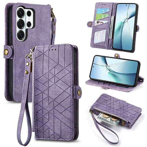 Handy Hülle Handyhüllen Für Samsung Galaxy S26 S26 Plus S26 Ultra Brieftaschenhülle Flip-Cover Reisverschluss mit Trageriemen Retro TPU PU-Leder Image