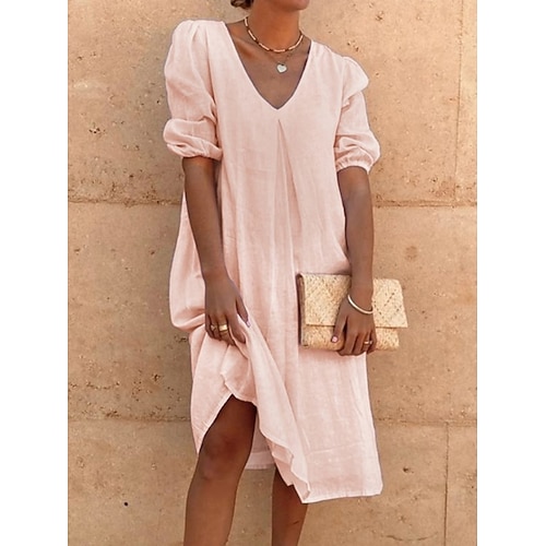 Damen Midikleid Kleider in Leinenoptik A Linie Kleid Lässig Täglich Lässiger Schnitt Einfach Dreiviertelarm V Ausschnitt Blau Schwarz Weiß Rosa Sommer Frühling Herbst Image