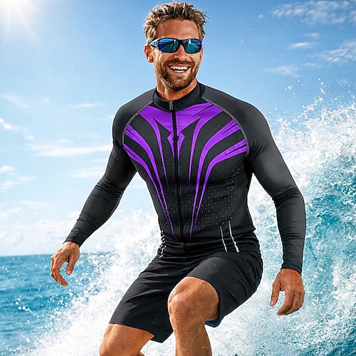 Herren Anti UV Shirt T-Shirt zum Schwimmen Geometrisch UPF50 UV Schutz Schnelltrocknend Langarm Bademode Schutz gegen Hautausschlag Surfen Kanufahren Strand Sommer Image