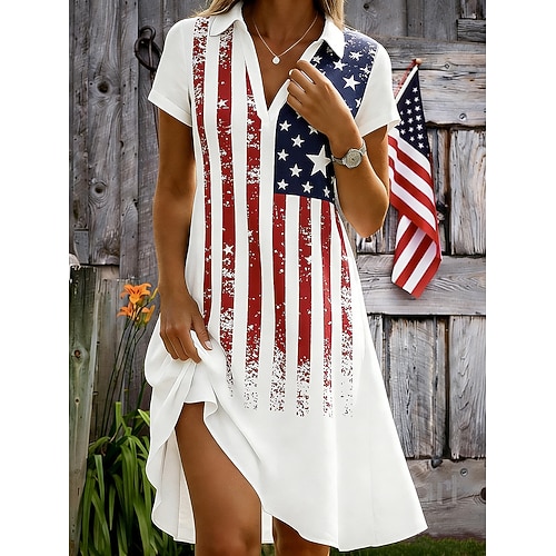 Amerikanischer Unabhängigkeitstag Damen Minikleid A Linie Kleid Urlaub Lässig Strand Normale Passform Grafik Flagge Sternenbanner Kurzarm V Ausschnitt Blau Weiß Rote Dunkelblau Sommer Frühling Image