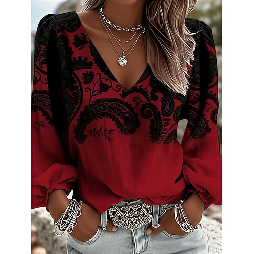 Damen Bluse Druck Blumen Bohemien Vintage Lässig Langarm V Ausschnitt Normale Oberteile Täglich Blau Schwarz Weiß Rosa Wein Sommer Frühling Herbst Image