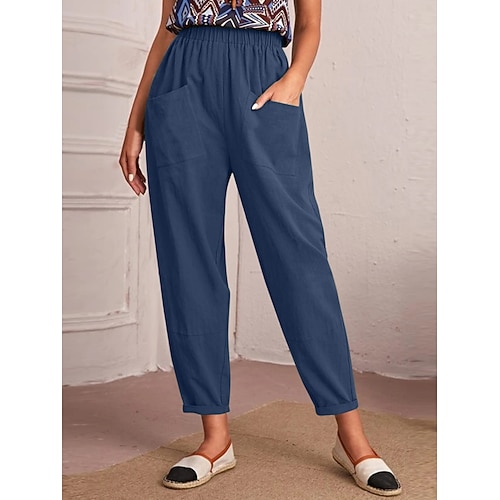 Damen Baumwolle Hose Freizeithose Gerade Urlaub Mode Streetwear Knöchellang Hohe Taille Einfach Tasche Elastischer Bund Bequem Unelastisch Täglich Urlaub Straße Dunkelgrau Schwarz Marineblau Blau Image