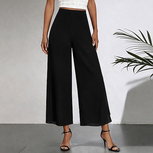 Damen Hose Freizeithose Sommerhose Elegant Mode Alltagstauglich Volle Länge Hohe Taille Einfarbig Einfach Weites Bein Hohe Teilung Elastischer Bund Komfort Leicht Weich Mikroelastisch Streetwear Image
