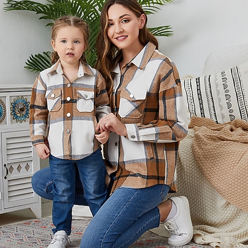 Mama und ich Hemden Oberteile Karomuster Lässig Patchwork Rosa Rote Purpur Langarm Aktiv Passende Outfits Image