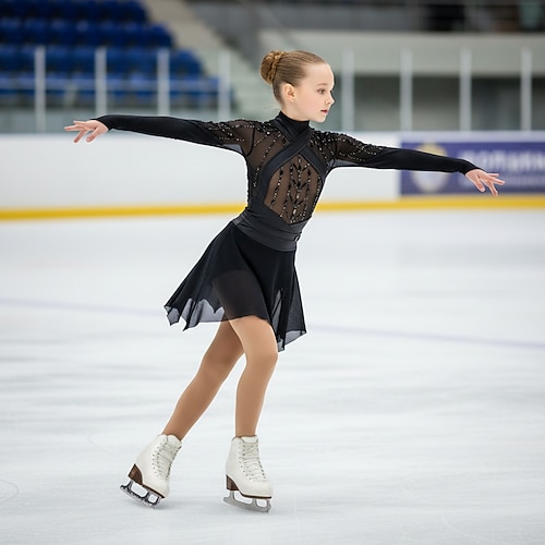 Eiskunstlaufkleid Mädchen Eislaufen Kleid Schwarz Patchwork Offener Rücken Hohe Elastizität Training Wettbewerb Eiskunstlaufkleidung Klassisch Kristall / Strass Langarm Eislaufen Eiskundstlauf Image