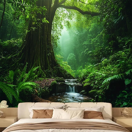Tropischer Dschungel, alter Wald, Wandteppich, Sonnenstrahlen, moosbewachsene Bäume, Bach, Naturlandschaft, Wandbehang, Heimdekoration, Wohnzimmer, Schlafzimmer, Büro, Hintergrund, Kunstwandbild Image
