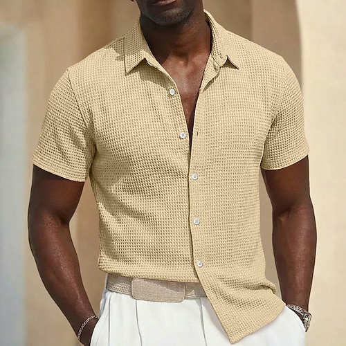 Herren Hemd Waffelhemd Textur Freizeithemd Knopfhemd Blau Schwarz Weiß Rosa Kaki Kurzarm Einfach Texture Revers Lässig Täglich Bekleidung Mode Modern Lässig Bequem Image
