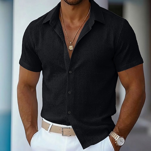 Herren Hemd Waffelhemd Textur Freizeithemd Knopfhemd Blau Schwarz Weiß Rosa Kaki Kurzarm Einfach Revers Lässig Täglich Bekleidung Mode Modern Lässig Bequem Image