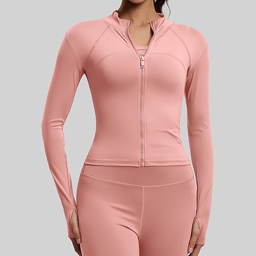 Damen Einfarbig Laufjacke Outdoorjacke Sportjacke Sommer Frühling Herbst Vollreißverschluss Schlank Langarm Schnelltrocknend Leicht Elastisch Atmungsaktiv Fitnessstudio Laufen Übung Schwarz Weiß Rosa Image