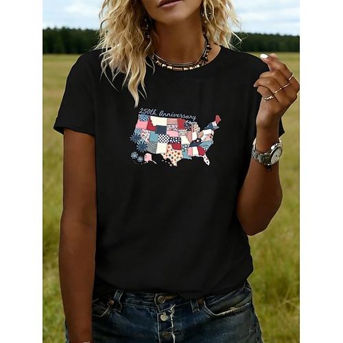 Amerikanischer Unabhängigkeitstag Damen T Shirt T-Shirt Druck Grafik Stilvoll Klassisch Lässig Kurzarm Rundhalsausschnitt Normale Oberteile Täglich Ausgehen Wochenende Blau Schwarz Weiß Rote Grün Image