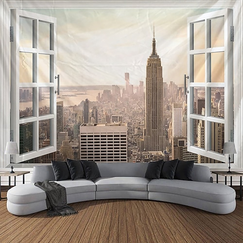 3D-Wandteppich mit nächtlicher Skyline, New Yorker Wolkenkratzern, Mond und Sternen – moderne Stadtlandschaft, Schlafzimmer- oder Wohnzimmerdekoration Image