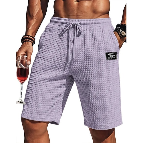Herren Waffel-Shorts Shorts Freizeitshorts Tasche Elastischer Bund Einfach Komfort Atmungsaktiv Knielang Lässig Outdoor Urlaub Urlaub Mode Schwarz Weiß Mikroelastisch Image