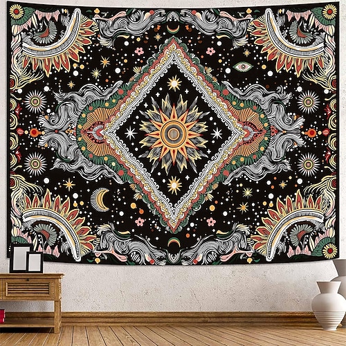 Mystischer, psychedelischer Wandteppich mit Sonnengesicht, himmlischem Sternenmuster, Mond und Sternen im Rautenmuster, bohemischer Wandbehang, abgefahrene Hippie-Wohndekoration, Image