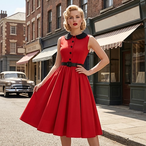 1950er Retro Vintage Knielang Kleid Swing-Kleid Ausgestelltes Kleid Normal Ärmellos Hohe Taille Einfarbig Tailliert und ausgestellt Schaukel Umlegekragen Kostüm Damen Veranstaltung / Fest Image