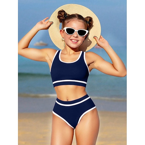 Kinder Mädchen Badeanzug Outdoor Strand Farbblock Urlaub Sport Mode Badeanzüge Ab 4 Jahren Sommer Blau Schwarz Image