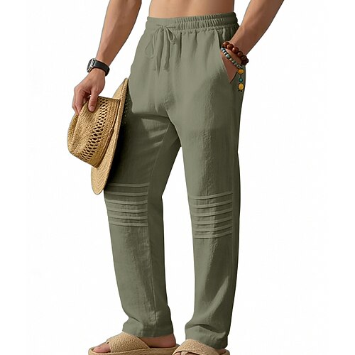 Herren Leinenhosen Hose Sommerhose Strandhose Kordelzug Elastischer Bund Gerader Schnitt Einfach Komfort Atmungsaktiv Volle Länge Lässig Täglich Ferien Urlaub Mode Blau Schwarz Mikroelastisch Image