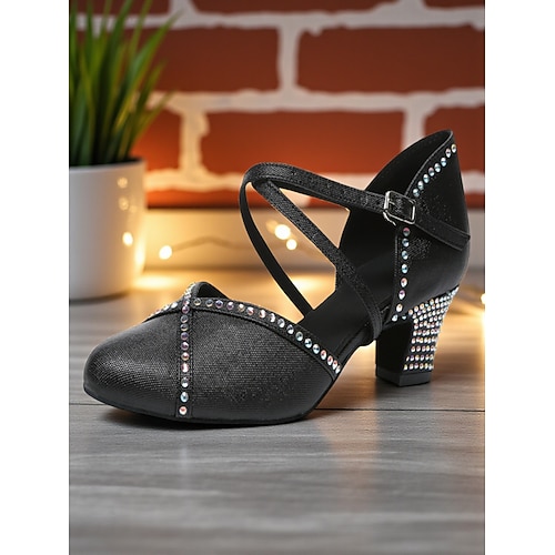 Rosa Glitzer-Ballsaal-Tanzschuhe für Damen – Pumps mit geschlossener Spitze und Strass-Riemen und mittlerem Absatz für den Gatsby-Ball professionelle Tanzparty Image