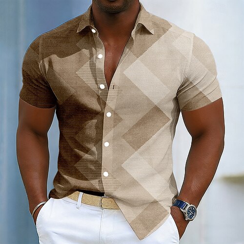 Herren Farbblock Patchwork Farbverlauf Hemd Knopfhemd Kurzarm Modisch lässig Täglich Outdoor Urlaub Sommer Frühling Umlegekragen 3D-Druck Leinenähnliches Hemd Blau Purpur Khaki Grau Image