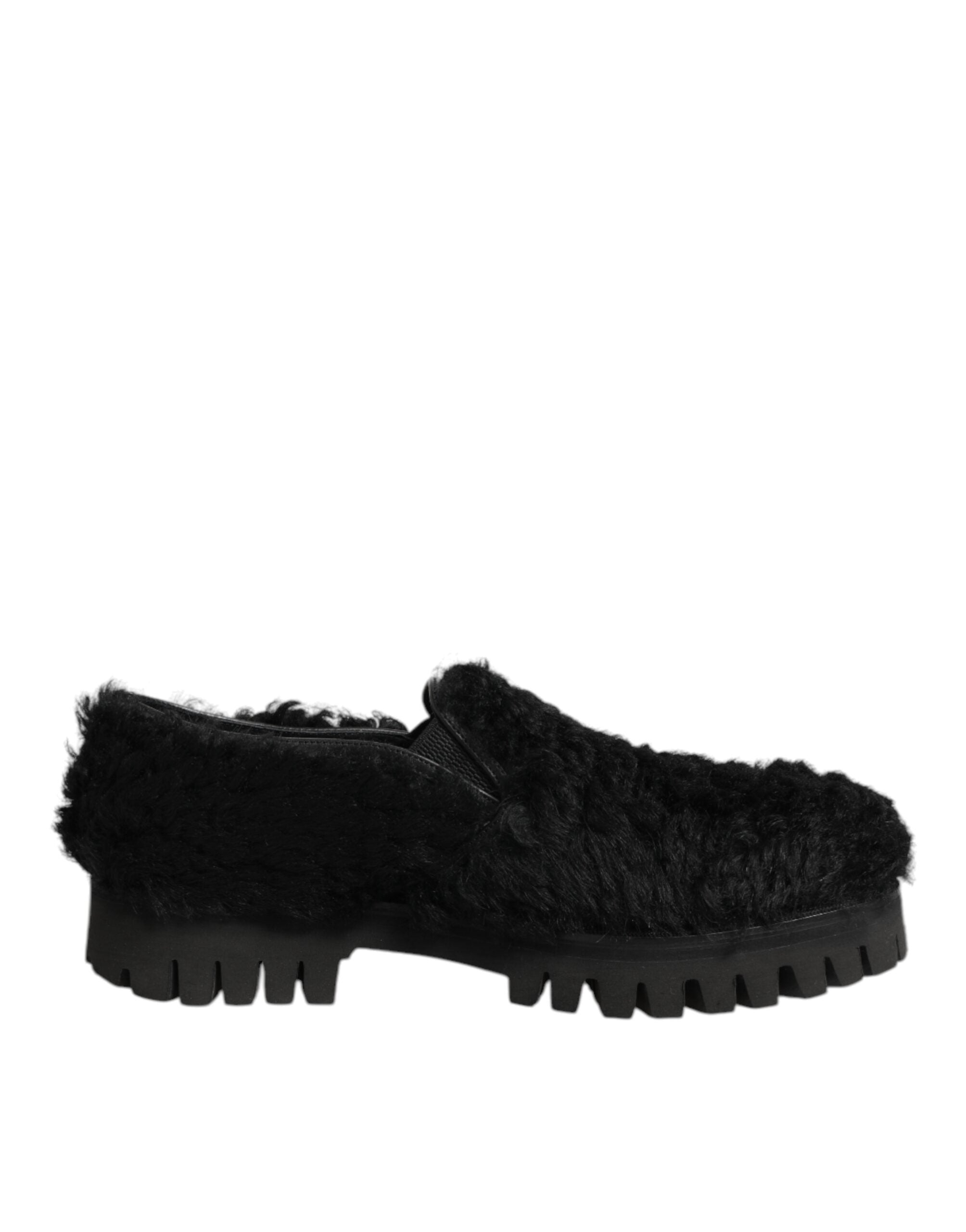 Dolce & Gabbana Kleid Schwarze Fell Leder Hausschuhe Herren Schuhe