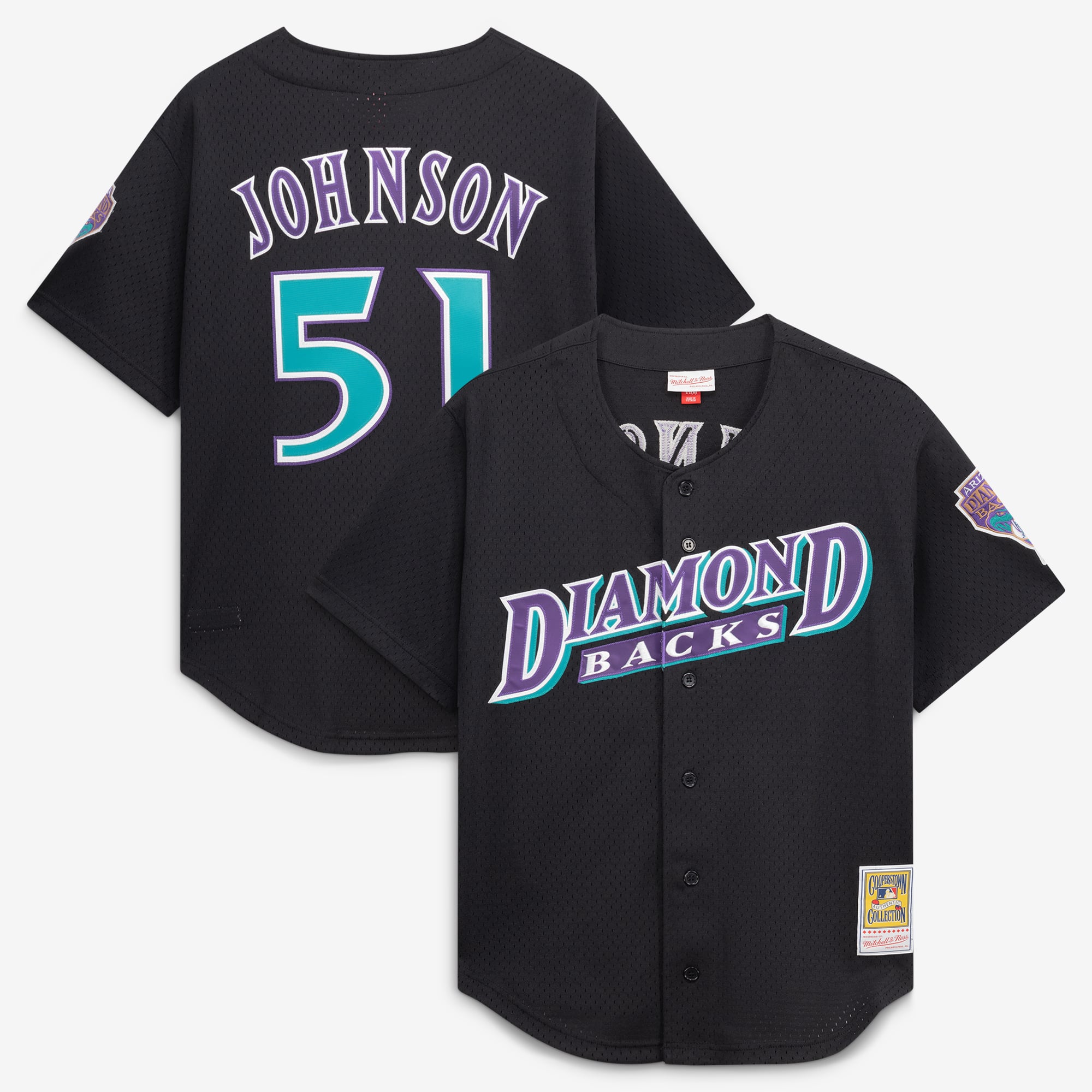 Mitchell & Ness Randy Johnson Herren-Trainingsjersey aus schwarzer Arizona Diamondbacks Cooperstown Kollektion mit Mesh-Einsätzen und Knopfleiste