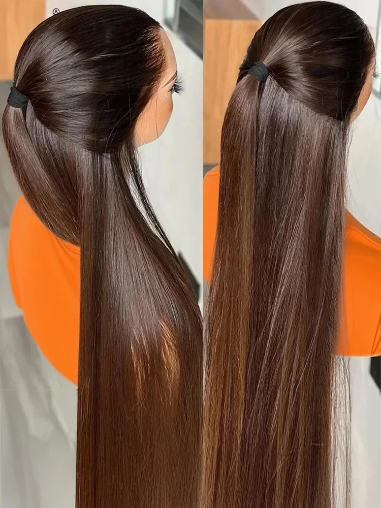 30 Zoll schokoladenbraune, glatte 13x4 13x6 HD Lace Front Perücke aus brasilianischem Echthaar, 250% Dichte, vorgezupft, für schwarze Frauen Image