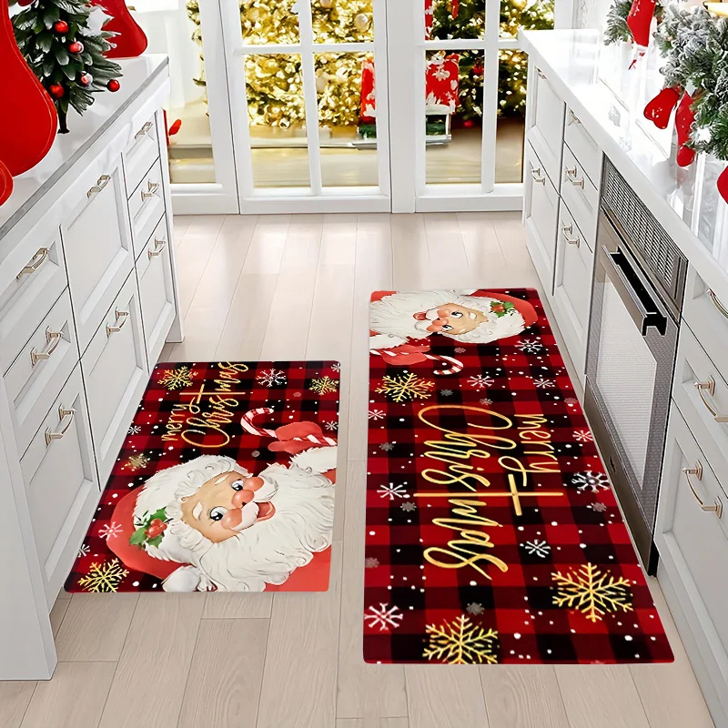 VIKAMA Red Grid Hintergrund Weihnachtsmann Muster Küche Bodenmatte Küche Teppich Eingangsbereich Teppich Willkommen Teppich Home Decor Image