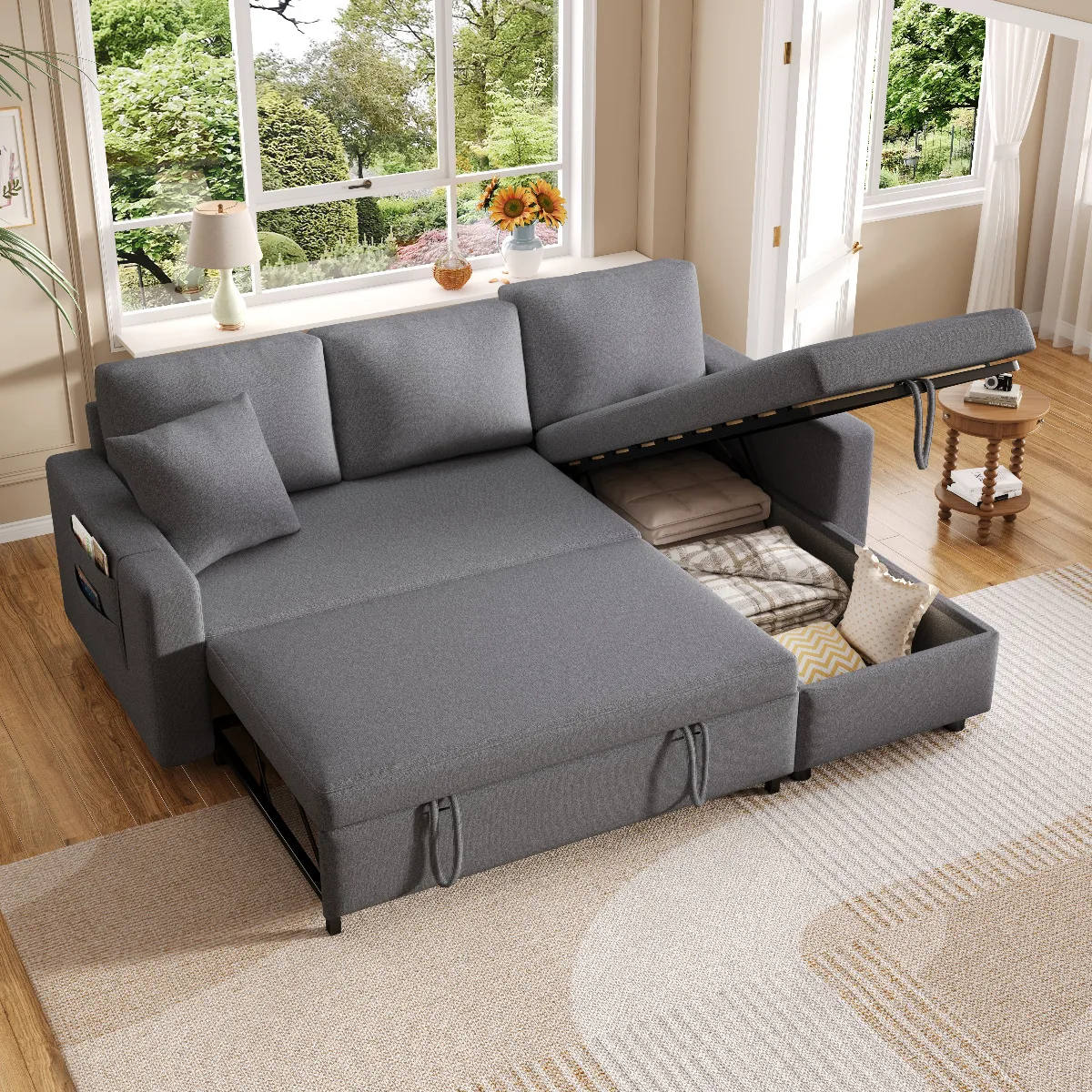 Konvertierbares Ecksofa-Bett, L-Form, Aufbewahrungstaschen, Umkehrbare Chaiselongue