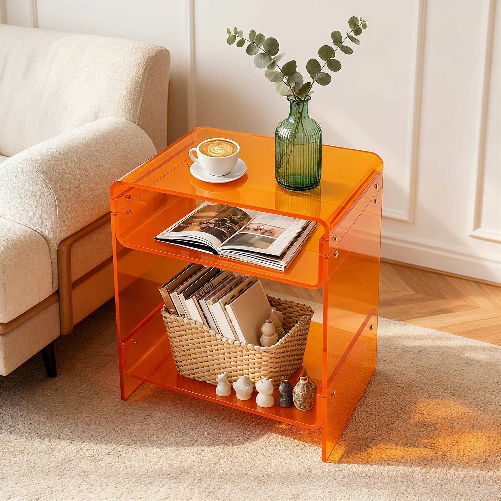 2-stöckiger Orangefarbener Multifunktionaler Nachttisch 40*30*50cm Freistehender Acryl-Nachttisch mit Sicherheitsnieten