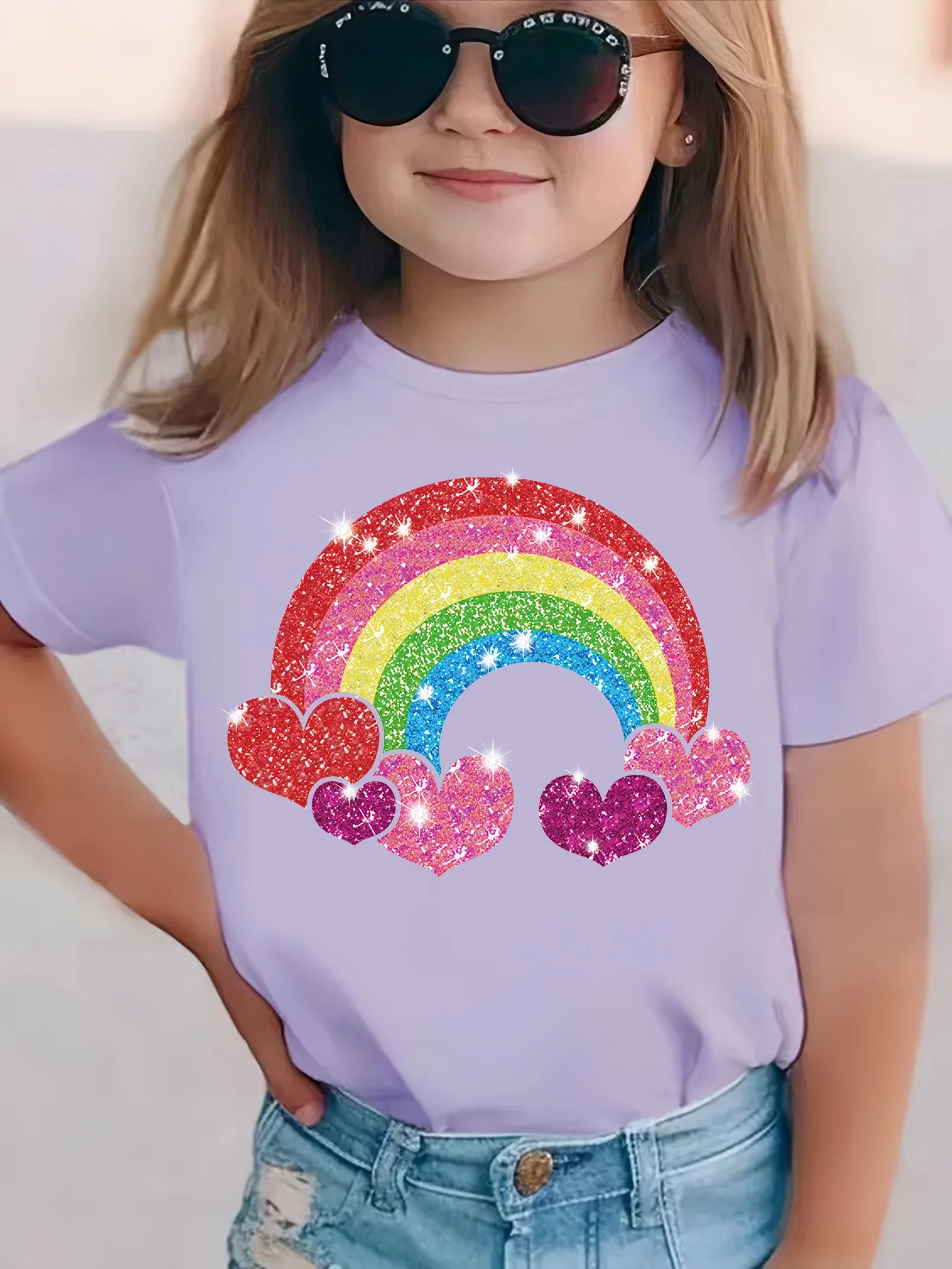 2026 Sommer Mode Mädchen Reine Baumwolle Rundhals Kurzarm Regenbogen Herz Print T-Shirt Lässiges Vielseitiges Oberteil Trendige Kleidung Image