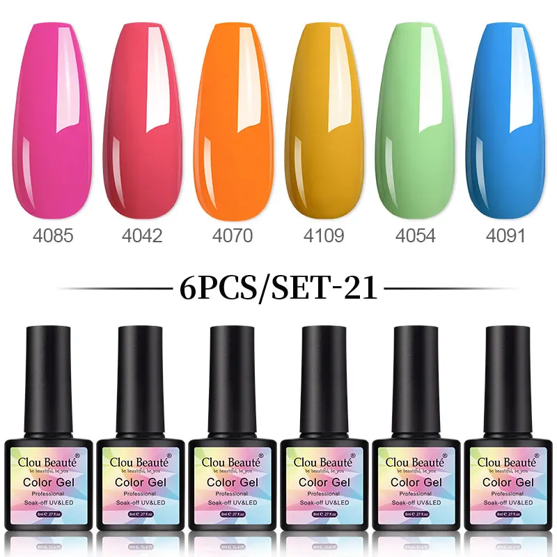 Clou Beaute 6-teiliges Farbgel-Nagellack-Set mit Basis- und Überlack, UV-Gel, semi-permanent, alles für Maniküre und Nagelkunst Image