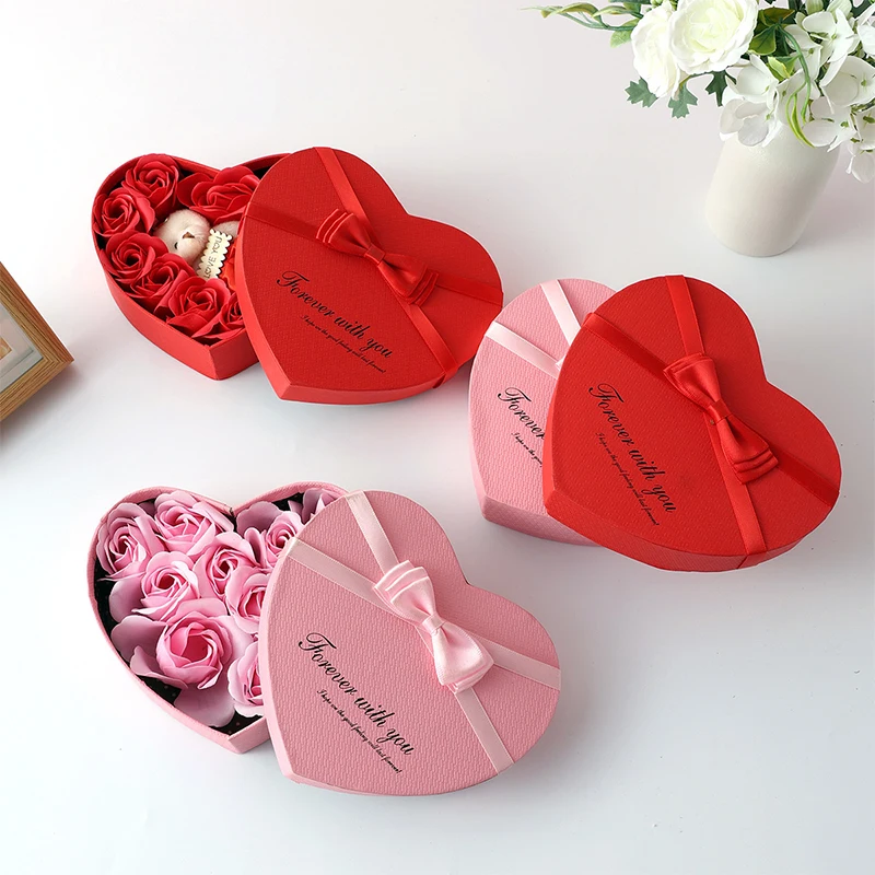 Valentinstag Seifenblumen Geschenkbox Herzförmige Rose Simulierte Blume Geschenk Schmuck Halskette Box Romantischer Teddybär Souvenir Image
