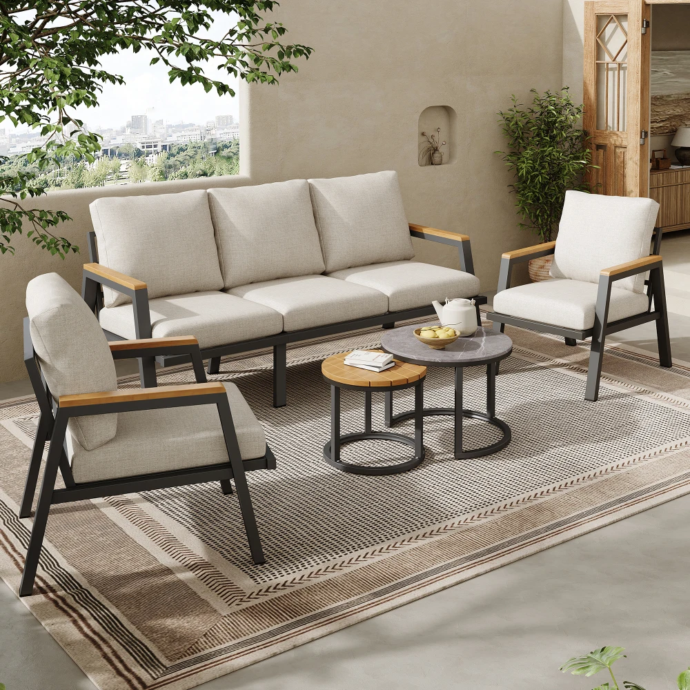 Garten-Lounge-Set, Gartenmöbel-Set mit Komfortablen Kissen, Sofa, Sesseln und Couchtischen, Marmor-Lackierte Glasplatte