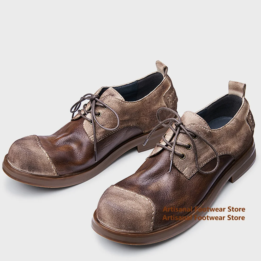 Große runde Zehen-Low-Top-Schuhe für Herren, Vintage-Freizeitschuhe aus echtem Leder im britischen Stil, trendige handgefertigte Luxus-Herrenschuhe