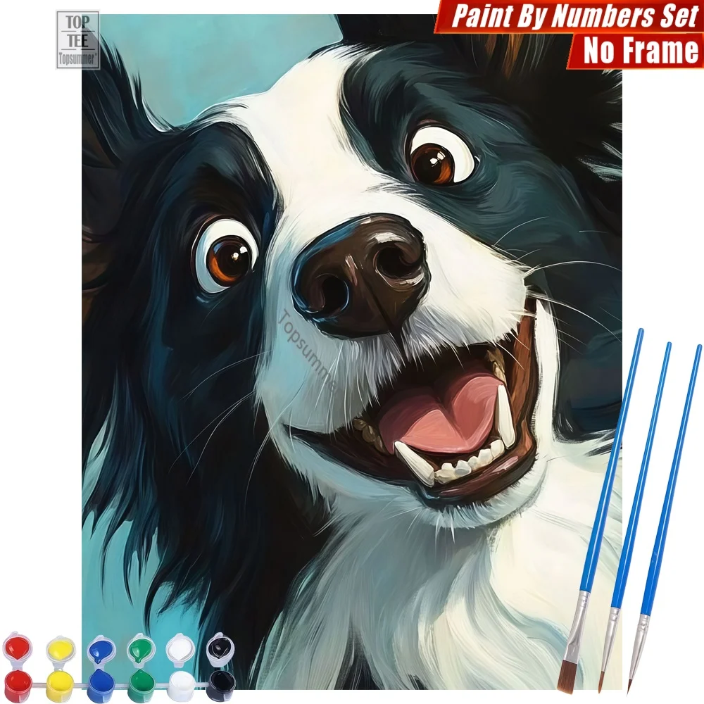 Happy Border Collie Malen-nach-Zahlen-Set – Hund, Cartoon, fröhlich, abstrakte Wandkunst, Neujahrsgeschenk für Oma Image